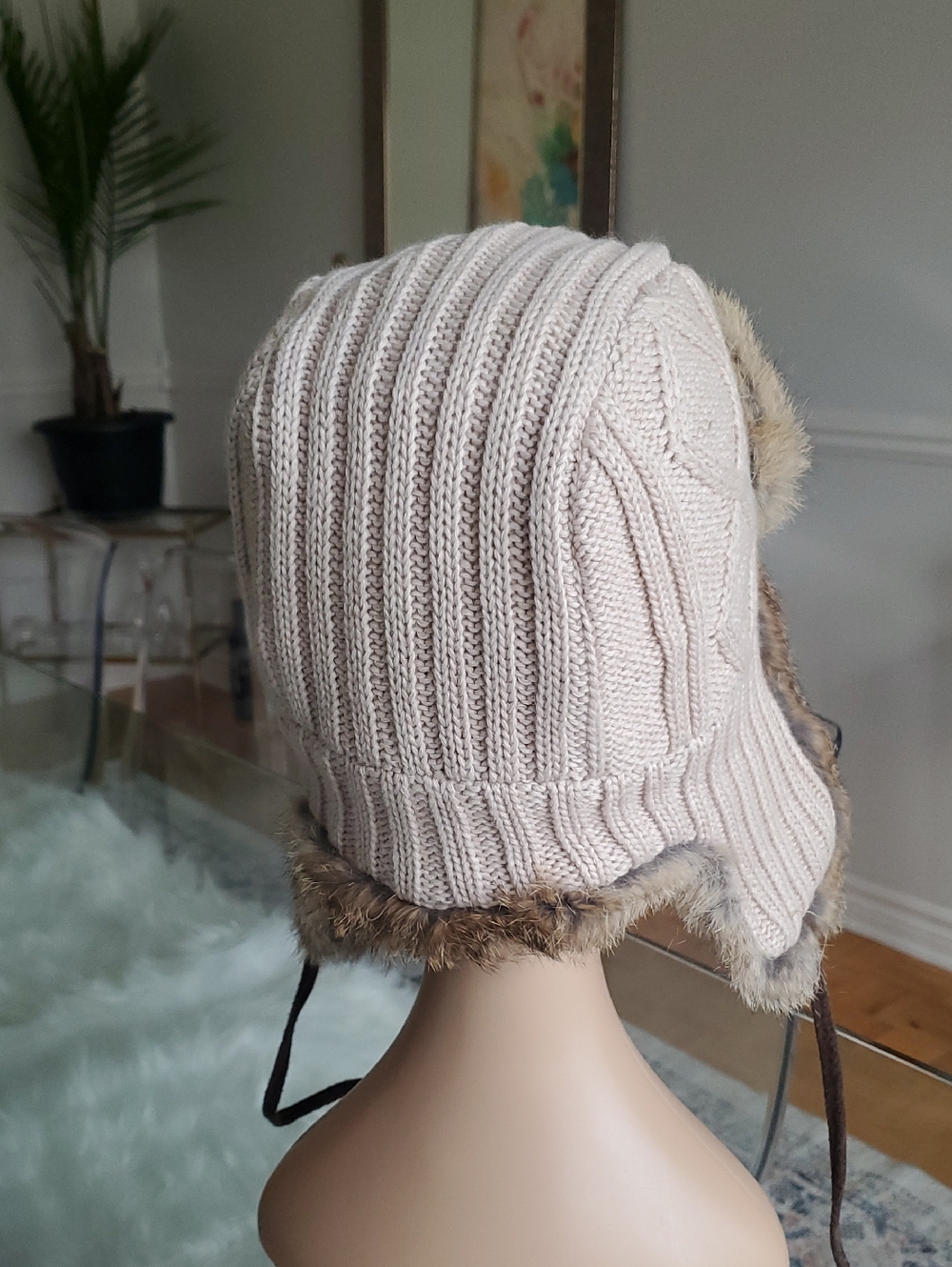 Real Rabbit Fur Cable Knit Trapper Hat - Picture 4 of 11